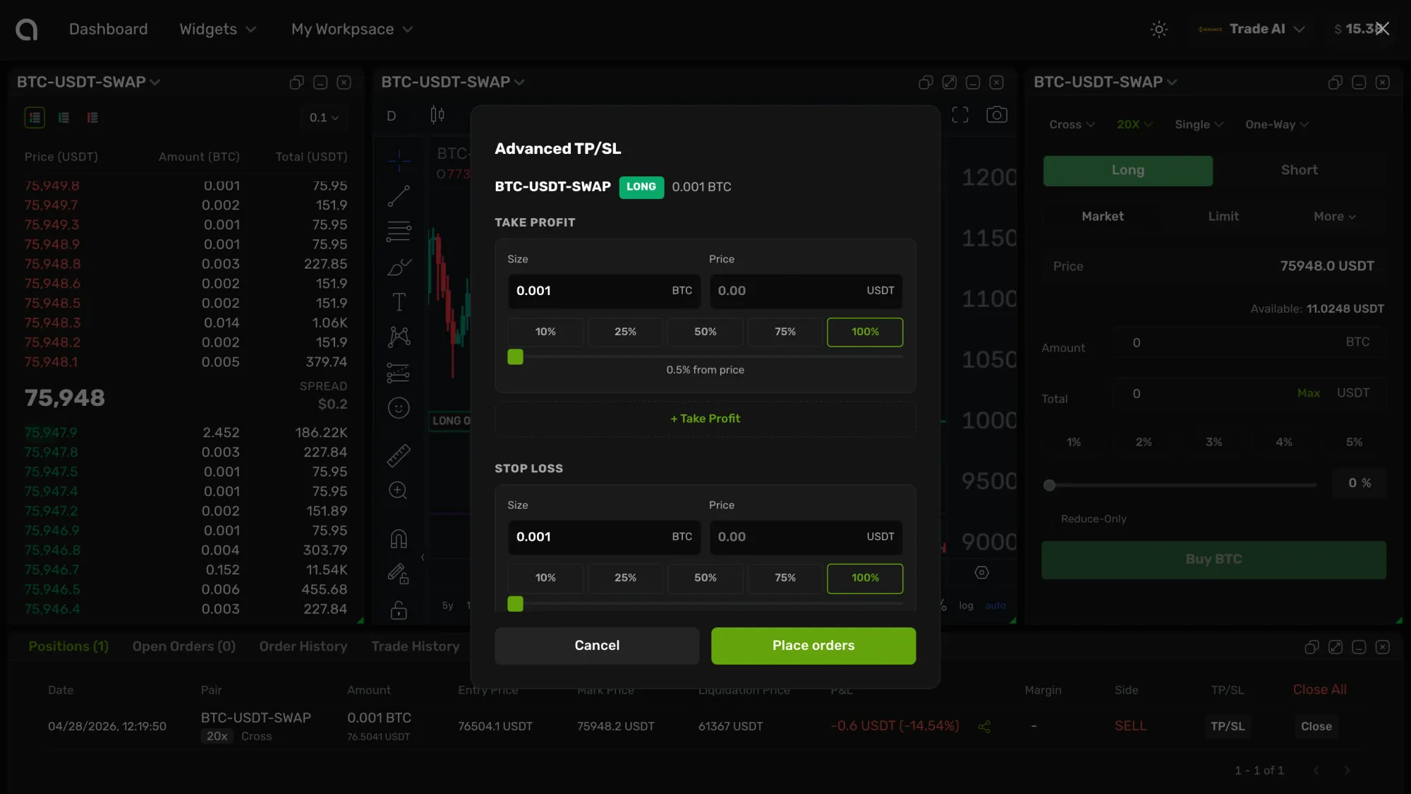AMABIT trading terminal — spot order book, market depth, and order entry in one view