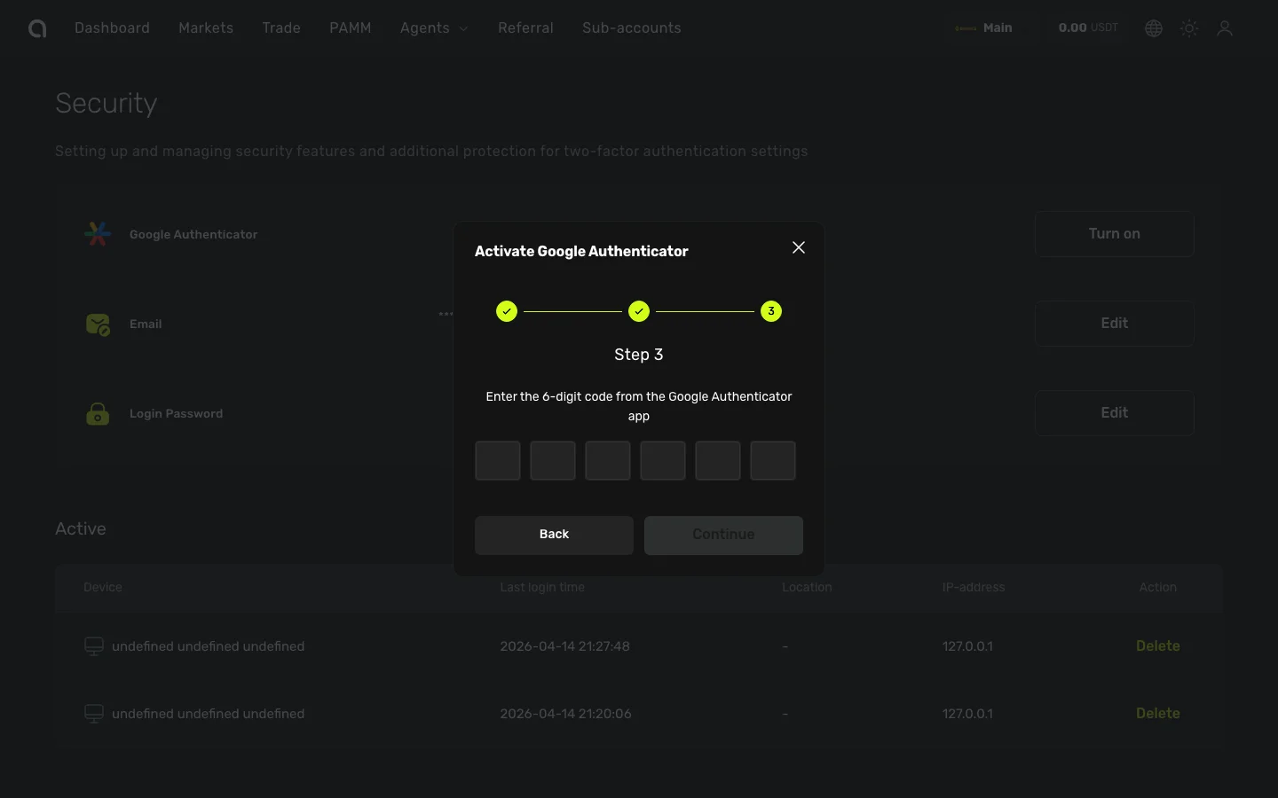 Activate Google Authenticator — Step 3: enter the 6-digit code