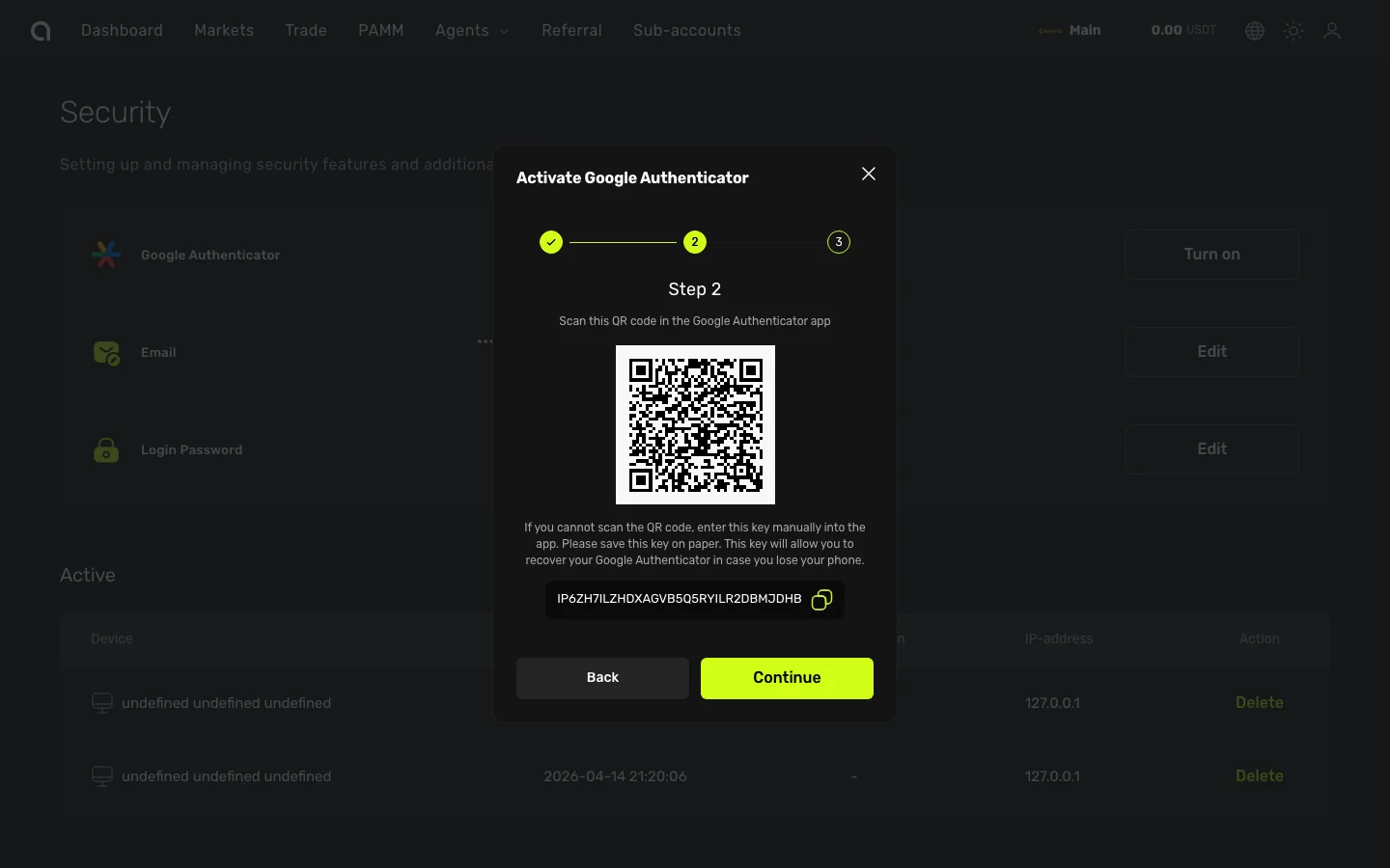 Activate Google Authenticator — Step 2: scan QR code and save backup key