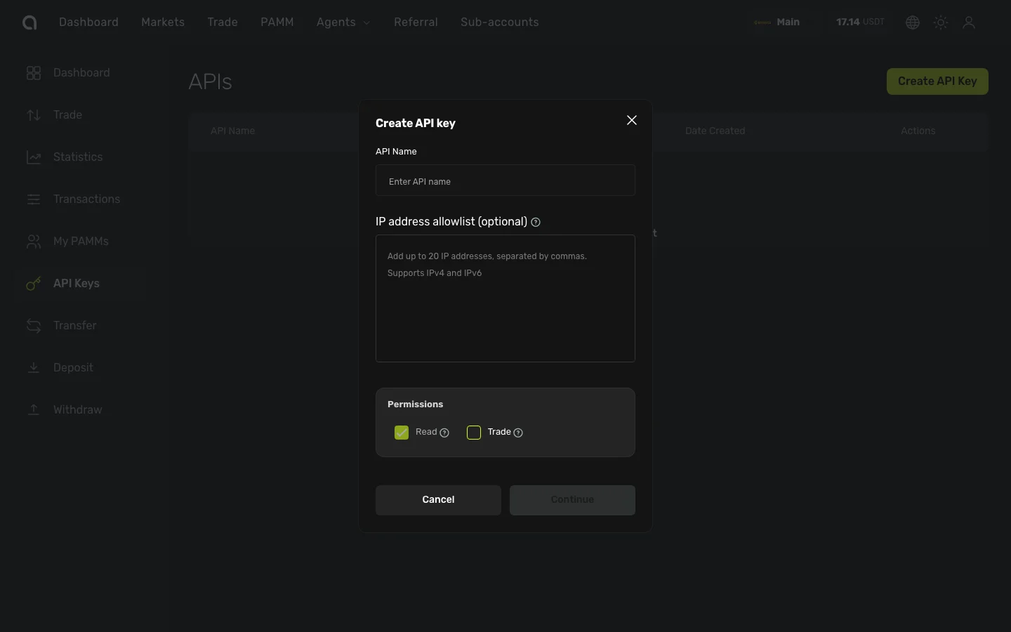Create API key dialog — API name, IP allowlist, and permissions