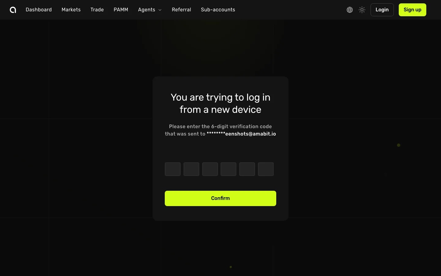 Подтверждение устройства на Amabit — введите 6-значный код, отправленный на ваш email