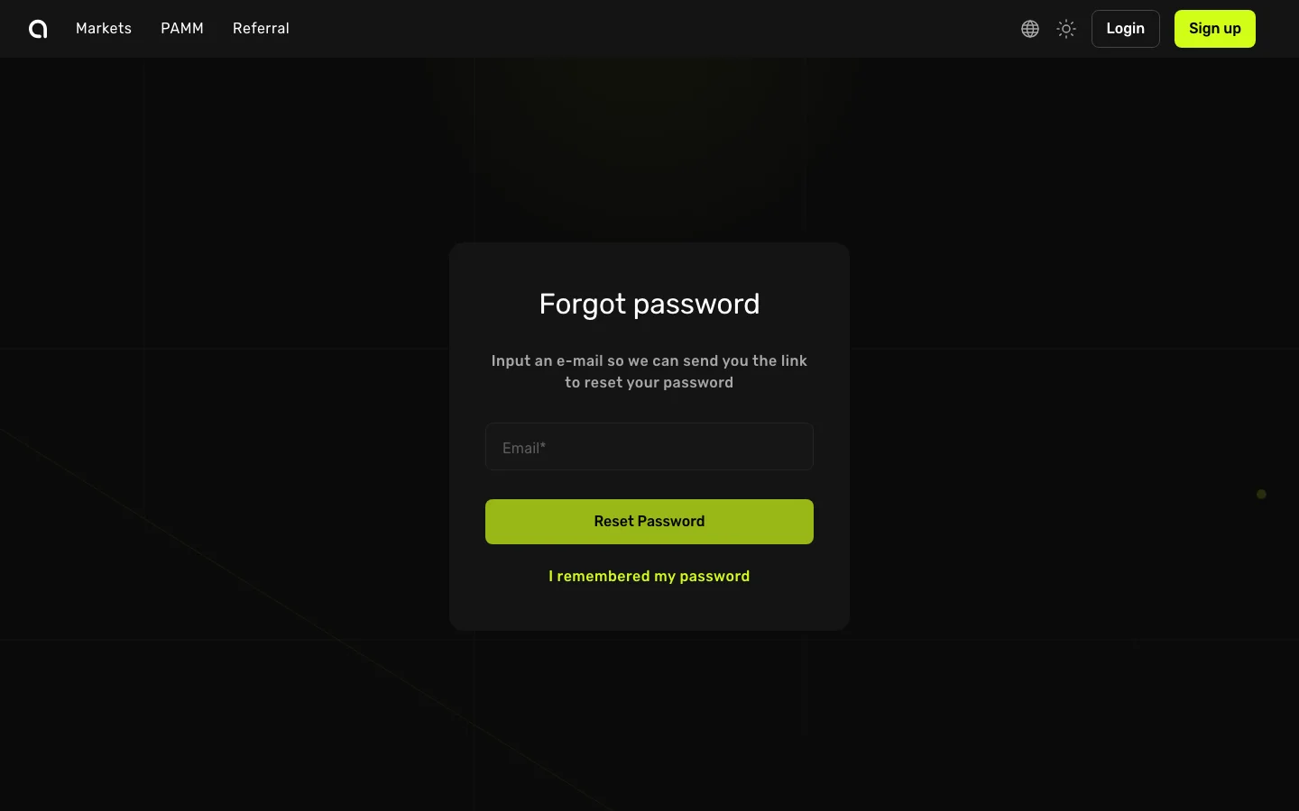 Amabit Forgot Password page — enter your email to receive a reset link