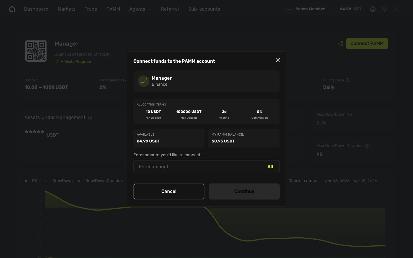 Диалог подключения средств к PAMM-счёту — информация об управляющем, условия и поле ввода суммы