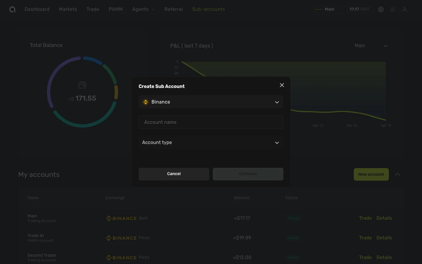Диалог создания субсчёта