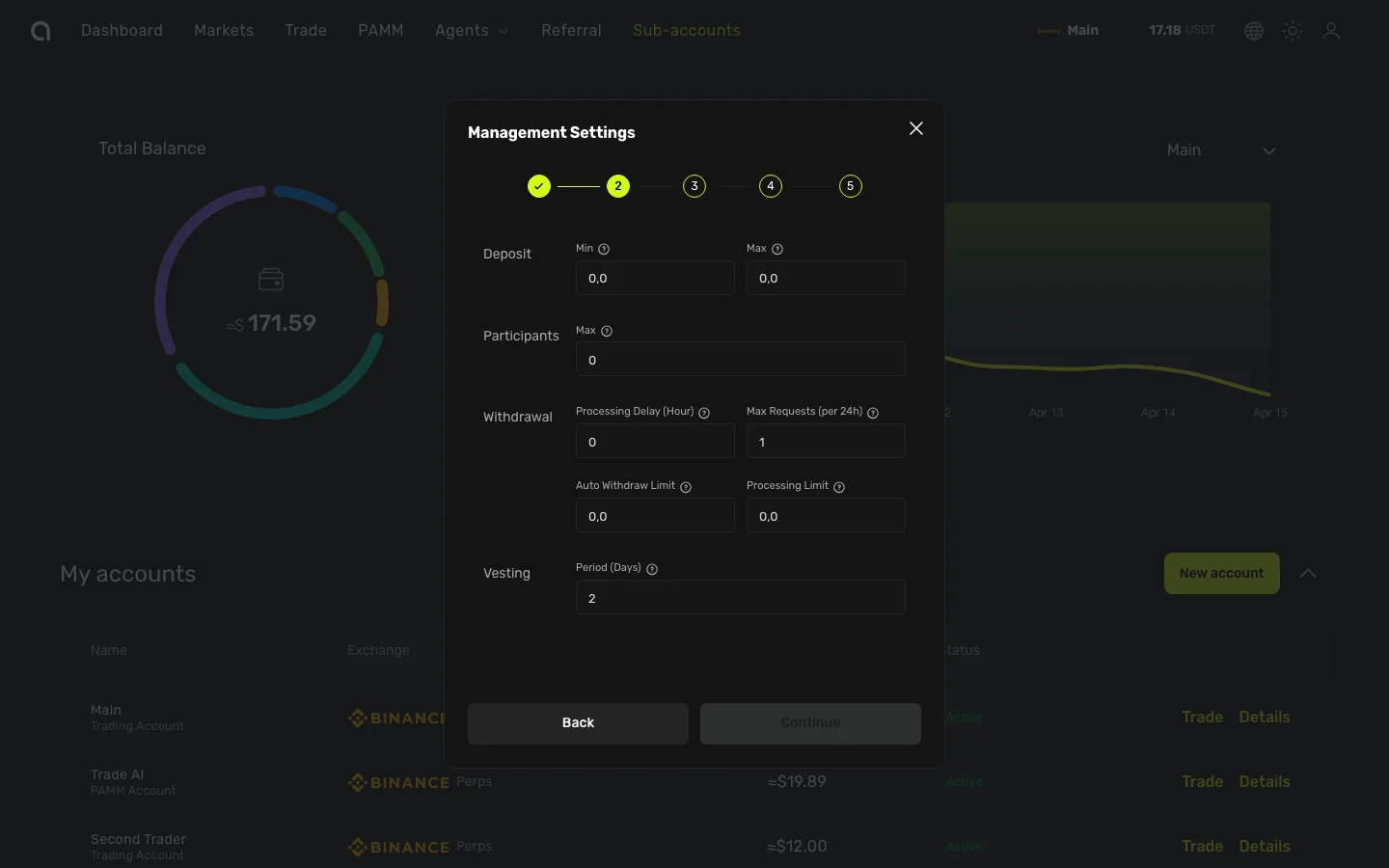 Настройки управления — лимиты депозита, участники, вывод, Vesting Period