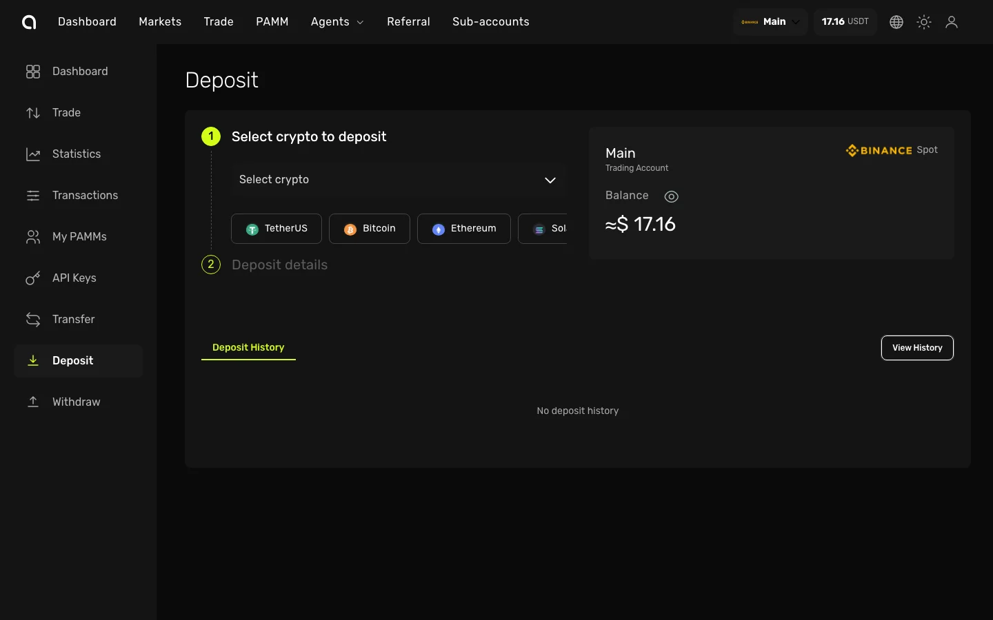 Страница пополнения Amabit — выбор криптовалюты для пополнения