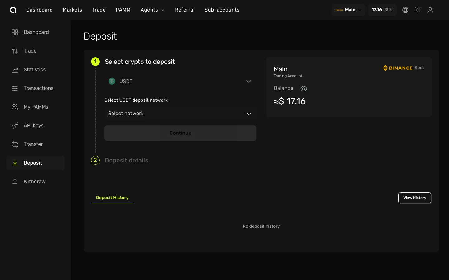 Пополнение Amabit — USDT выбран, выбор сети для пополнения