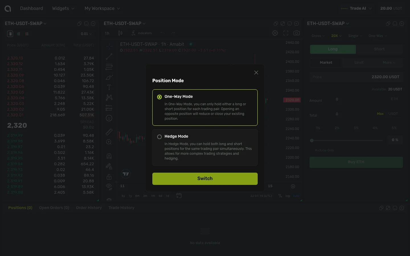 Диалог режима позиции — One-Way Mode против Hedge Mode