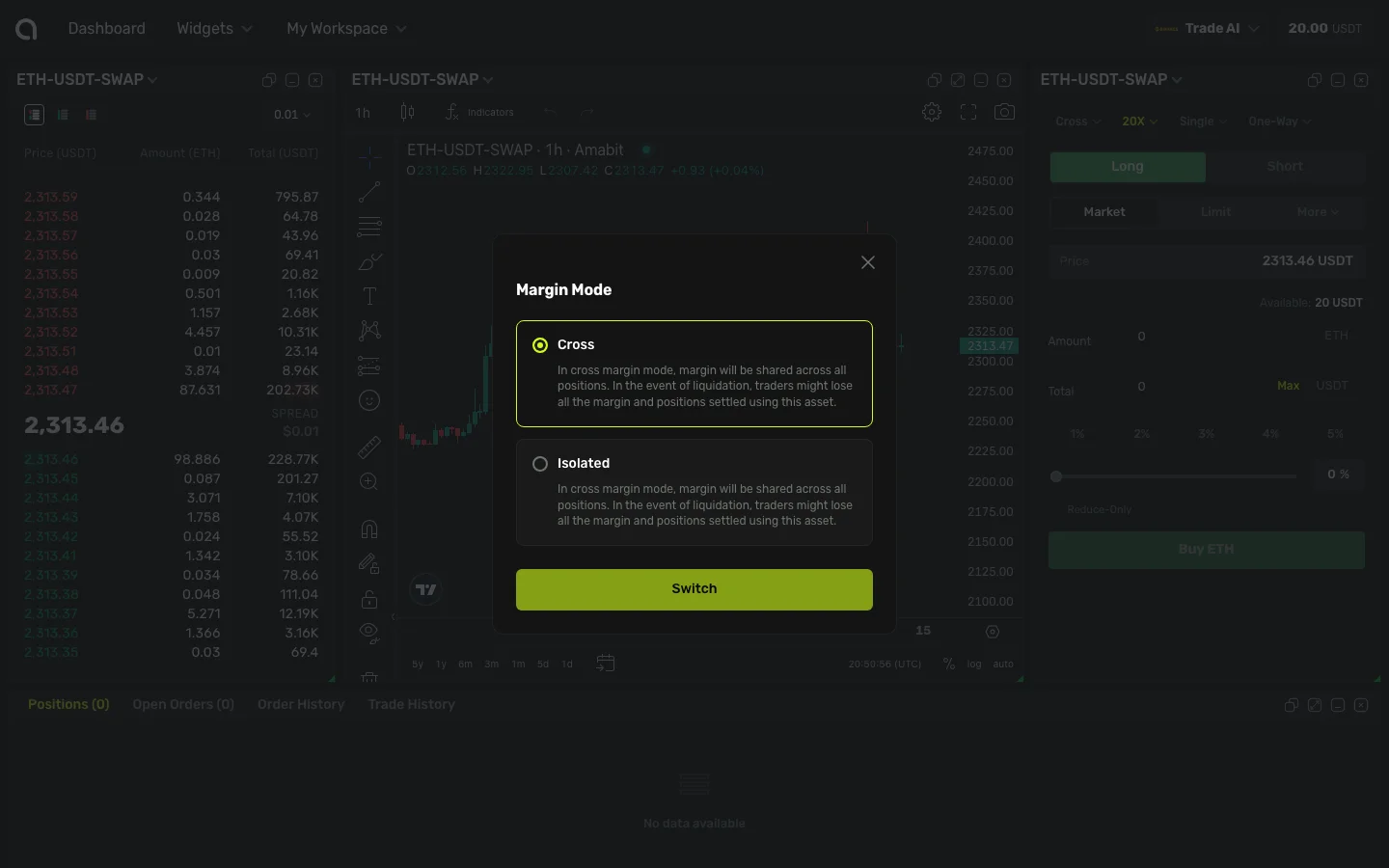 Диалог режима маржи — выбор между Cross и Isolated маржей