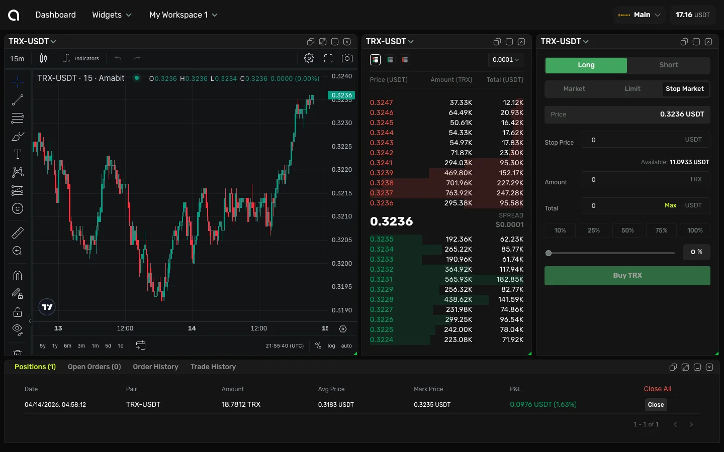 Stop Market order form — trigger price and amount