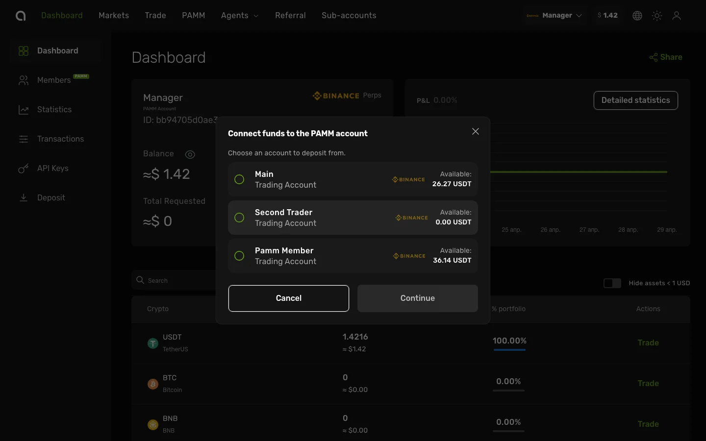PAMM topup dialog — pick a source account with USDT balance