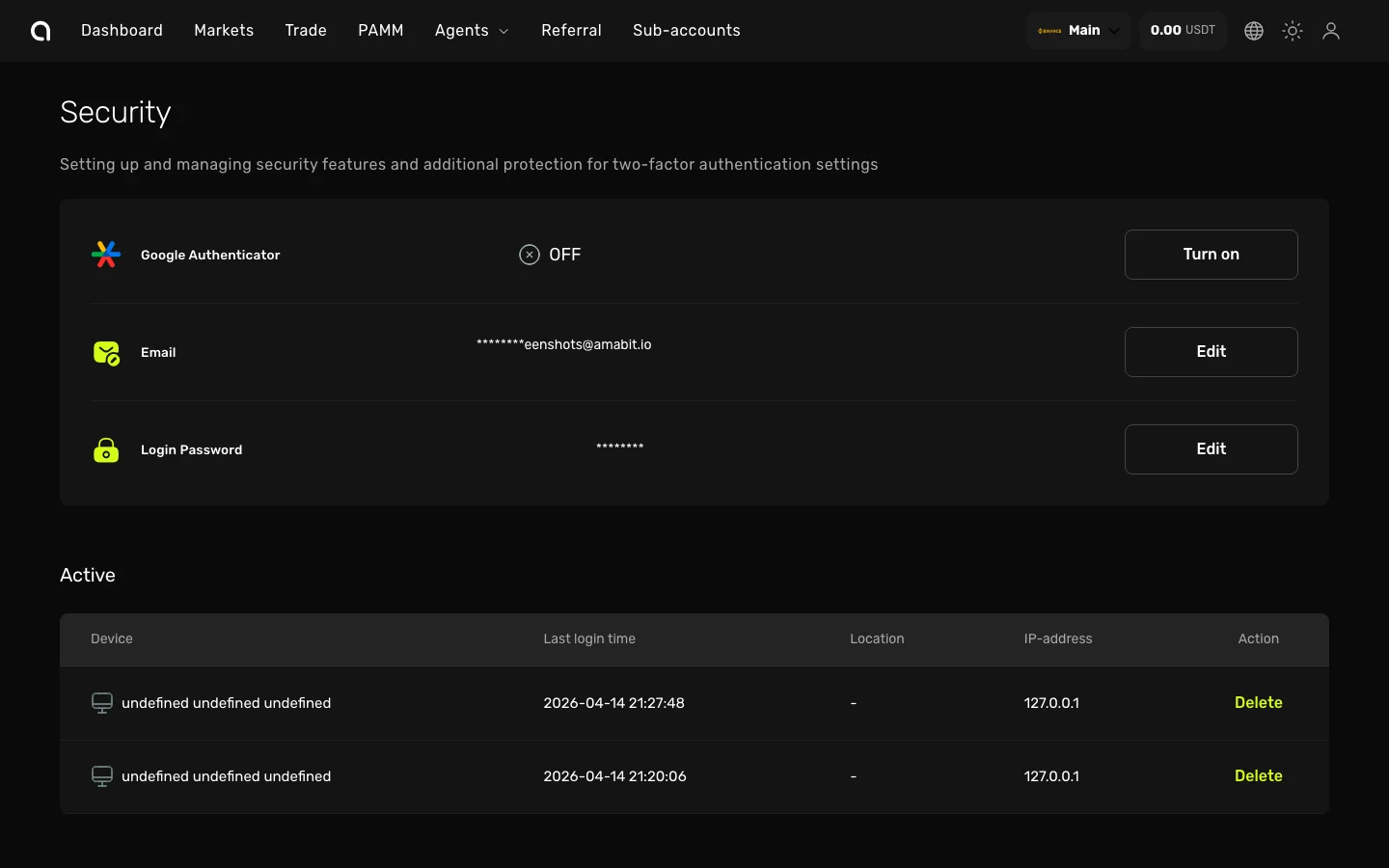 Amabit Security page with 2FA disabled — click Turn on to enable Google Authenticator