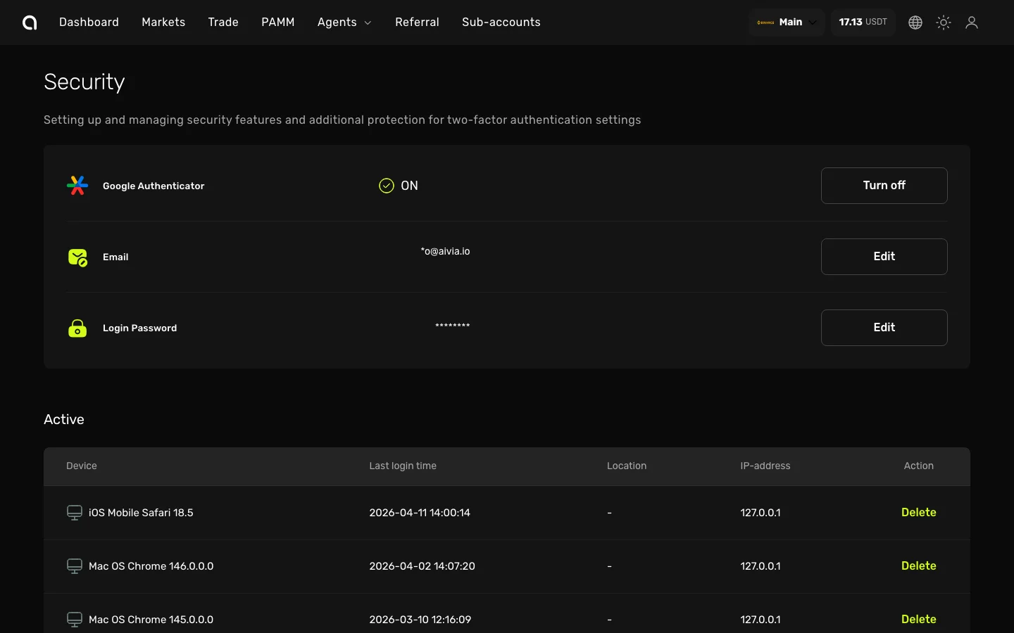 Настройки безопасности Amabit — 2FA, активные сессии и история входов