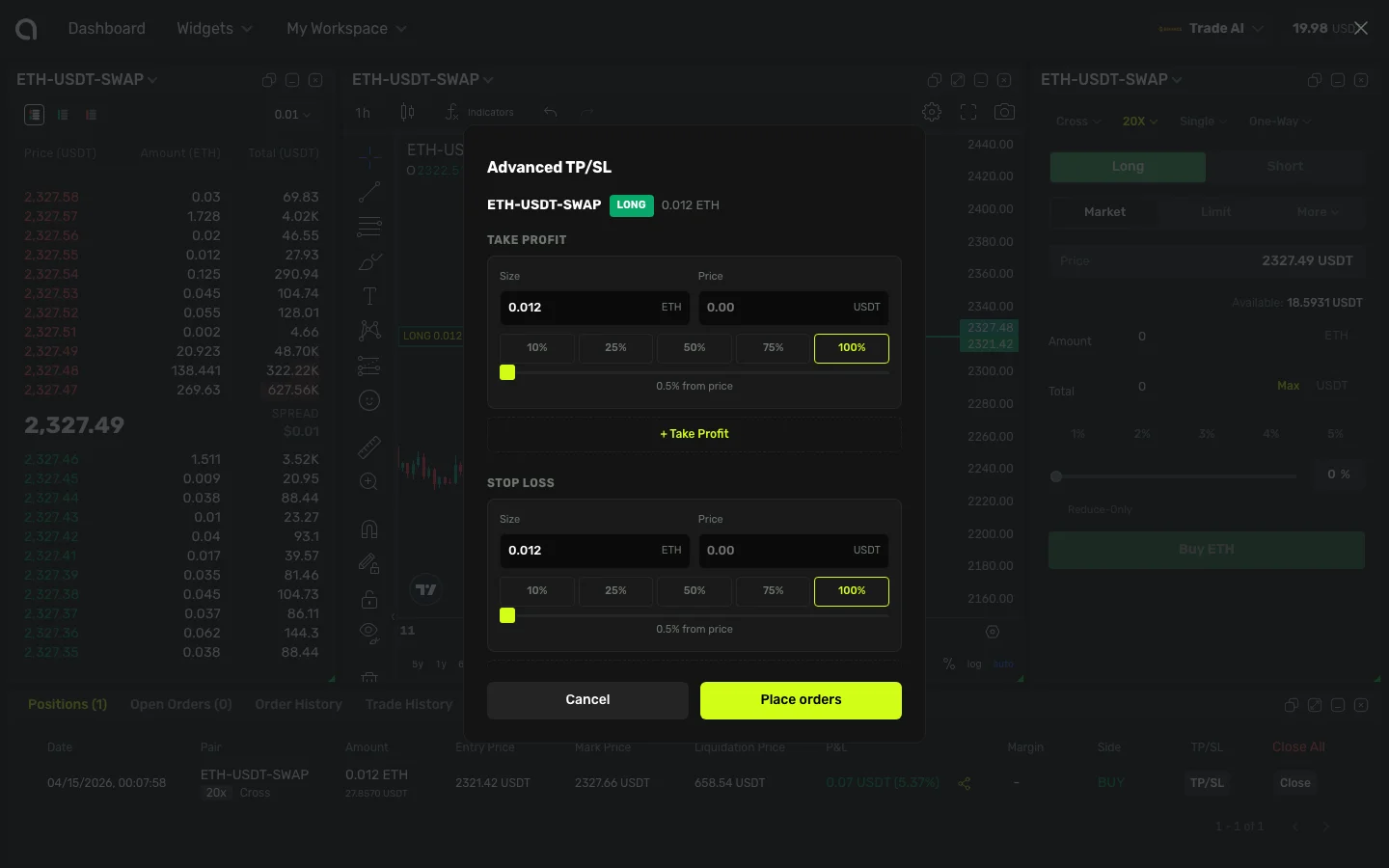 Advanced TP/SL dialog — multiple Take Profit and Stop Loss levels with size, price, and slider controls