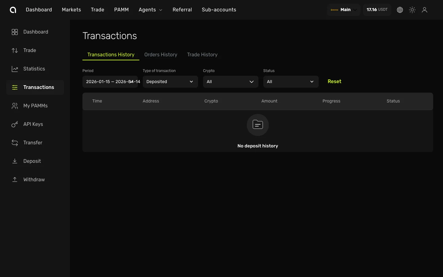 Amabit Transactions page — filter by period, type, crypto, and status