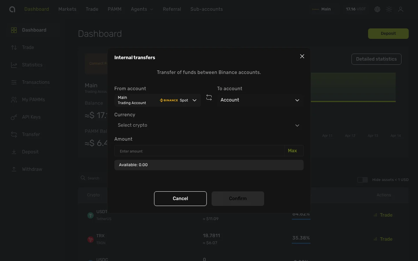 Internal Transfers dialog — select accounts, currency, and amount