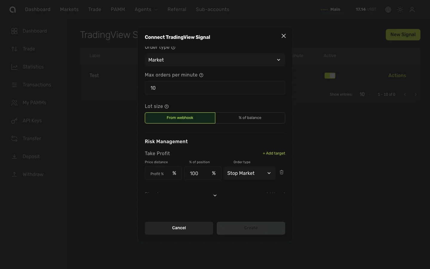 Режим Signal с риск-менеджментом — уровень Take Profit с % прибыли, % закрытия и типом ордера