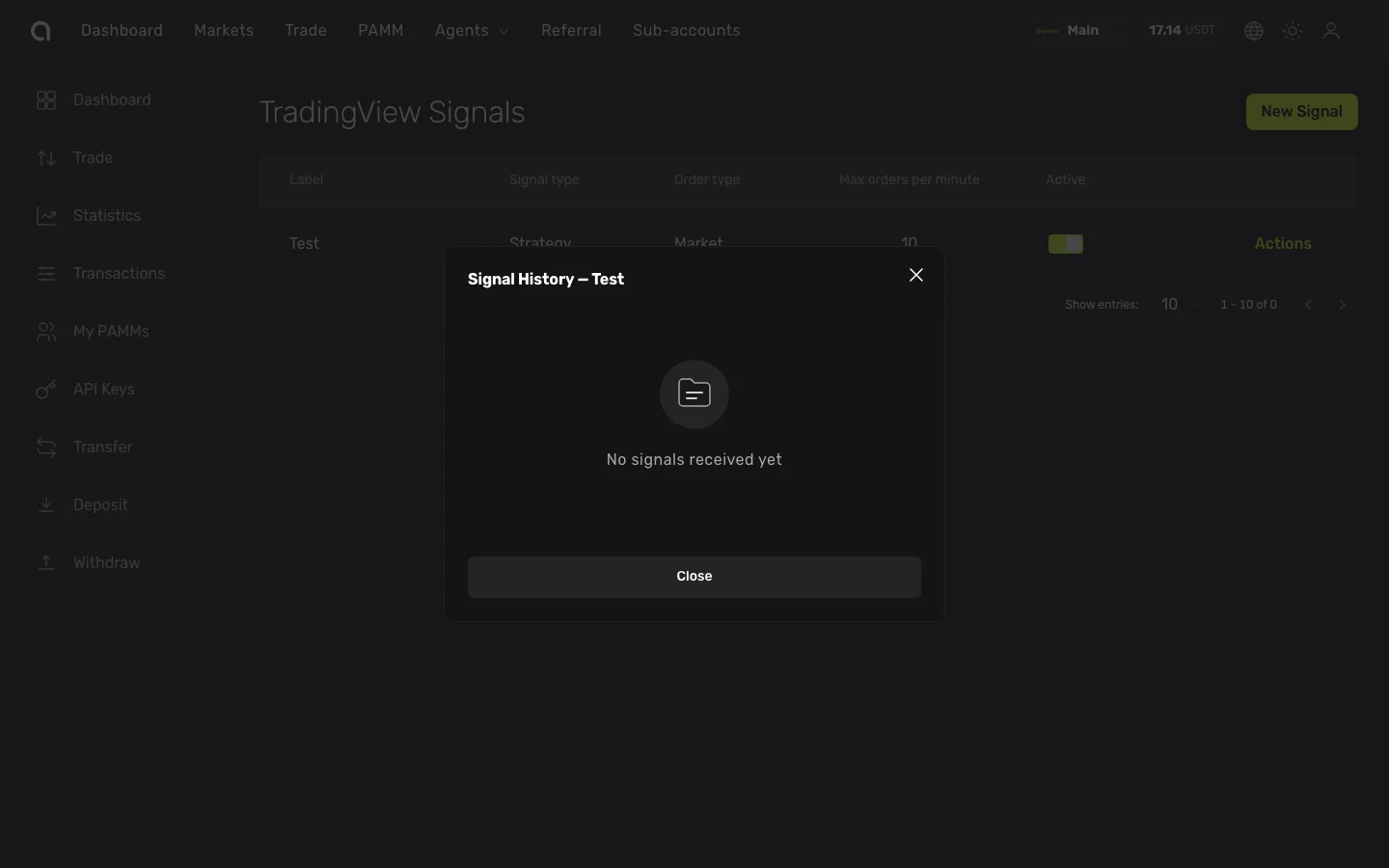 Диалог Signal History — показывает все полученные сигналы для webhook