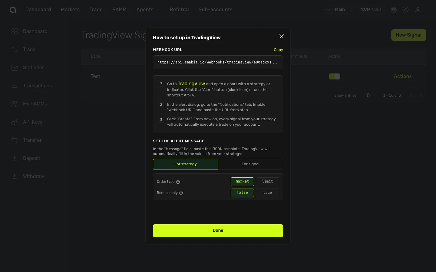 Диалог Setup Guide — URL webhook, инструкции TradingView и шаблоны payload