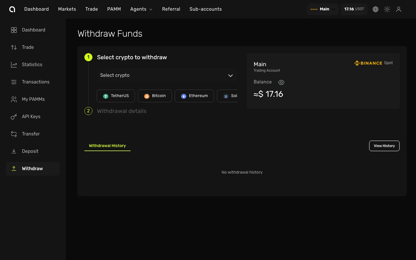 Вывод Amabit — USDT выбран, выбор сети для вывода