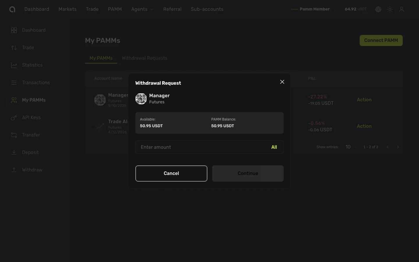 Withdrawal Request dialog — PAMM info, available balance, amount input